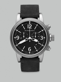 A polished, stainless design on a leather band, crafted with precision Swiss detail and a two-eye chronograph detail.Water resistant to 10 ATMDate functionQuartz movementSecond handCase, about 46mmStrap, about 22mmMade in Switzerland A polished, stainless design on a leather band, crafted with precision Swiss detail and a two-eye chronograph detail.Water resistant to 10 ATMDate functionQuartz movementSecond handCase, about 46mmStrap, about 22mmMade in Switzerland