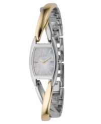 Elegant openwork creates unique design. Polished gold ion-plated and polished stainless steel bracelet. Stainless steel case. Mother-of-pearl dial with logo, goldtone indicators and stylized indexes. Two hands. Quartz movement. Water resistant to 30 meters. Two-year limited warranty. Elegant openwork creates unique design. Polished gold ion-plated and polished stainless steel bracelet. Stainless steel case. Mother-of-pearl dial with logo, goldtone indicators and stylized indexes. Two hands. Quartz movement. Water resistant to 30 meters. Two-year limited warranty.