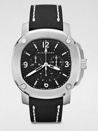 A technical timepiece with a brushed, stainless steel case and a luxurious, stitched leather strap. Quartz movementWater resistant to 10 ATMOctagonal stainless steel case, 47mm (1.9) Screw accented bezelBlack chronograph dialBar and numeric hour markersDate display at 4 o'clockSecond hand Black stitched leather strapMade in Switzerland A technical timepiece with a brushed, stainless steel case and a luxurious, stitched leather strap. Quartz movementWater resistant to 10 ATMOctagonal stainless steel case, 47mm (1.9) Screw accented bezelBlack chronograph dialBar and numeric hour markersDate display at 4 o'clockSecond hand Black stitched leather strapMade in Switzerland