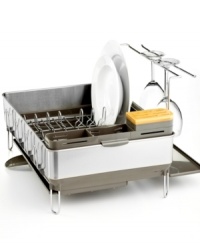 You dish it out, this rack can take it! Designed with a mess-free swivel spout, this steel essential drains water directly into the sink and features an extendable drip tray that catches drips underneath the integrated cup holders. An oversized utensil holder, natural bamboo knife block and removable wine glass holder make it easy to leave the dishes-all of them-out to dry! You dish it out, this rack can take it! Designed with a mess-free swivel spout, this steel essential drains water directly into the sink and features an extendable drip tray that catches drips underneath the integrated cup holders. An oversized utensil holder, natural bamboo knife block and removable wine glass holder make it easy to leave the dishes-all of them-out to dry!