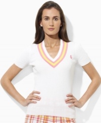 Preppy cricket stripes and an embroidered crest lend chic, athletic appeal to this short-sleeved petite Lauren by Ralph Lauren sweater, rendered in smooth ribbed-knit combed cotton for essential comfort and style. (Clearance) Preppy cricket stripes and an embroidered crest lend chic, athletic appeal to this short-sleeved petite Lauren by Ralph Lauren sweater, rendered in smooth ribbed-knit combed cotton for essential comfort and style. (Clearance)
