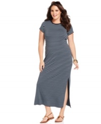 Lend a chic touch to you casual wardrobe with MICHAEL Michael Kors' short sleeve plus size maxi dress, featuring on-trend stripes. Lend a chic touch to you casual wardrobe with MICHAEL Michael Kors' short sleeve plus size maxi dress, featuring on-trend stripes.