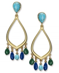 Bohemian style from Lauren Ralph Lauren. These gypsy earrings flaunt a teardrop hoop with dangling genuine jade, calcite green turquoise, lapis and blue turquoise beads. Crafted in 14k gold plated mixed metal. Approximate drop: 2-1/4 inches. Approximate diameter: 1 inch. Bohemian style from Lauren Ralph Lauren. These gypsy earrings flaunt a teardrop hoop with dangling genuine jade, calcite green turquoise, lapis and blue turquoise beads. Crafted in 14k gold plated mixed metal. Approximate drop: 2-1/4 inches. Approximate diameter: 1 inch.