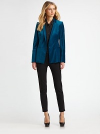 A classic blazer in luxe stretch velvet, tailored with subtle updates that take it from tradition to today.Narrow lapelsSingle snap closeFront welt pocketsFitted bodiceLong sleeves with one-button detail at cuffDouble back ventsFully linedAbout 27 from shoulder to hemCotton/viscose/elastaneDry cleanImportedSIZE & FITModel shown is 5'10½ (179cm) wearing US size 4. This style runs small. A classic blazer in luxe stretch velvet, tailored with subtle updates that take it from tradition to today.Narrow lapelsSingle snap closeFront welt pocketsFitted bodiceLong sleeves with one-button detail at cuffDouble back ventsFully linedAbout 27 from shoulder to hemCotton/viscose/elastaneDry cleanImportedSIZE & FITModel shown is 5'10½ (179cm) wearing US size 4. This style runs small.