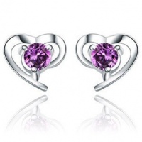 Rhodium Plated 925 Silver Amethyst Heart Shape Stud Earrings-SE3050