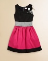 Tailored in airy cotton sateen, this girly colorblocked frock is beautifully complemented by a jewel and feather embellishment, metallic waistband and full skirt.BoatneckSleevelessExposed back zipperMetallic elastic waistbandFully lined97% cotton/3% spandexHand washMade in the USA