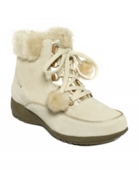 Cool customers. The Amanda cold weather ankle booties from Sporto are made of suede and feature pom-poms at the end of the laces for a fun touch. Cool customers. The Amanda cold weather ankle booties from Sporto are made of suede and feature pom-poms at the end of the laces for a fun touch.