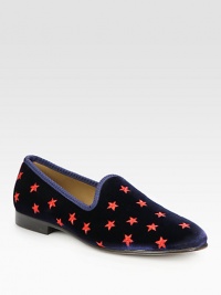 Incredibly soft velvet with an embroidered star pattern for a playful, energetic feel, concluded with a supportive leather sole.Velvet upperLeather liningPadded insoleLeather soleMade in Italy Incredibly soft velvet with an embroidered star pattern for a playful, energetic feel, concluded with a supportive leather sole.Velvet upperLeather liningPadded insoleLeather soleMade in Italy