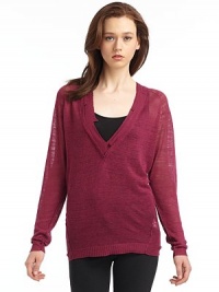 THE LOOKV neckline with uneven ribbed trimLong raglan sleeves with ribbed cuffsFrench seamsRibbed hemTHE FITAbout 27½ from shoulder to hemTHE MATERIAL56% linen/44% viscoseCARE & ORIGINDry cleanImported THE LOOKV neckline with uneven ribbed trimLong raglan sleeves with ribbed cuffsFrench seamsRibbed hemTHE FITAbout 27½ from shoulder to hemTHE MATERIAL56% linen/44% viscoseCARE & ORIGINDry cleanImported