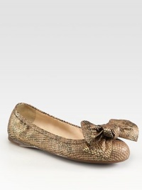 Python stamped metallic leather flat with bow detail. Python stamped leather upperLeather liningRubber solePadded insoleMade in ItalyOUR FIT MODEL RECOMMENDS ordering one half size up as this style runs small. Python stamped metallic leather flat with bow detail. Python stamped leather upperLeather liningRubber solePadded insoleMade in ItalyOUR FIT MODEL RECOMMENDS ordering one half size up as this style runs small.