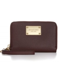 An elegant way to organize your essentials, this chic design from MICHAEL Michael Kors features 18K gold signature hardware and a plethora of pockets and compartments to safely store your phone, cards, cash and ID. An elegant way to organize your essentials, this chic design from MICHAEL Michael Kors features 18K gold signature hardware and a plethora of pockets and compartments to safely store your phone, cards, cash and ID.