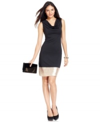 A sequined band at the hem of Sunny Leigh's cowlneck sheath makes it party perfect! A sequined band at the hem of Sunny Leigh's cowlneck sheath makes it party perfect!