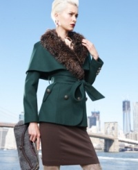 Steve Madden combines the romance of a vintage-inspired silhouette with cool modern touches. This cute capelet features a removable faux fur collar and tooled metal buttons. Steve Madden combines the romance of a vintage-inspired silhouette with cool modern touches. This cute capelet features a removable faux fur collar and tooled metal buttons.