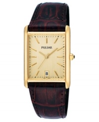Rich shades of mahogany and champagne give a luxurious feel to this Pulsar watch. Brown croc-embossed leather strap and rectangular goldtone stainless steel case. Champagne dial with goldtone stick indices, logo and date window. Quartz analog movement. Water resistant to 30 meters. Three-year limited warranty. Rich shades of mahogany and champagne give a luxurious feel to this Pulsar watch. Brown croc-embossed leather strap and rectangular goldtone stainless steel case. Champagne dial with goldtone stick indices, logo and date window. Quartz analog movement. Water resistant to 30 meters. Three-year limited warranty.