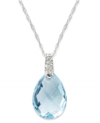 Take your look to the next level with the right amount of color. A pear-cut blue topaz (6-1/5 ct. t.w.) adds the sparkle to this shining 14k white gold necklace with diamond accents at the bail. Approximate length: 18 inches. Approximate drop: 1/2 inch.