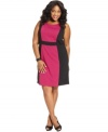 A streamlined colorblocked design beautifully highlights NY Collection's sleeveless plus size sheath dress-- look slim and sensational this season!