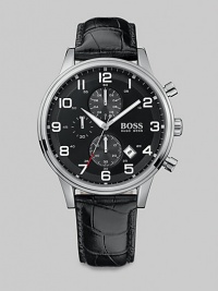 With features like 5ATM pressure resistance and flyback chronograph function, this watch pays great tribute to the classic aviator chronograph style, while a crocodile-embossed leather bracelet with deployment buckle ensures endless comfort.Quartz chronograph movementWater resistant to 5ATMDate display at 5 o'clockSecond handStainless steel case: 44mm (1.73)Leather strap braceletImported With features like 5ATM pressure resistance and flyback chronograph function, this watch pays great tribute to the classic aviator chronograph style, while a crocodile-embossed leather bracelet with deployment buckle ensures endless comfort.Quartz chronograph movementWater resistant to 5ATMDate display at 5 o'clockSecond handStainless steel case: 44mm (1.73)Leather strap braceletImported