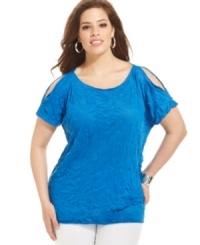 Show off a hint of skin with J Jones New York's short sleeve plus size top, featuring sassy shoulder cutouts. Show off a hint of skin with J Jones New York's short sleeve plus size top, featuring sassy shoulder cutouts.