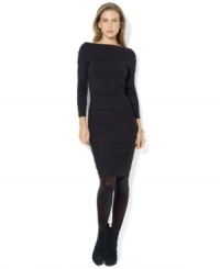 Crafted with a versatile on- or off-shoulder silhouette, Lauren Ralph Lauren's jersey dress epitomizes effortless, elegant style with a fold-over collar and flattering ruched detailing. Crafted with a versatile on- or off-shoulder silhouette, Lauren Ralph Lauren's jersey dress epitomizes effortless, elegant style with a fold-over collar and flattering ruched detailing.