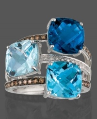 An arresting ring in soothing shades of the sea. Three cushion-cut blue topaz (9-3/8 ct. t.w.) stones are accented by round-cut white and champagne diamonds (1/3 ct. t.w.) in a 14k white gold setting. Size 7. An arresting ring in soothing shades of the sea. Three cushion-cut blue topaz (9-3/8 ct. t.w.) stones are accented by round-cut white and champagne diamonds (1/3 ct. t.w.) in a 14k white gold setting. Size 7.