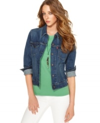 A classic denim jacket in a medium blue wash is an springtime essential, from Levi's. Wear it with anything from a flirty dress, to casual separates! A classic denim jacket in a medium blue wash is an springtime essential, from Levi's. Wear it with anything from a flirty dress, to casual separates!