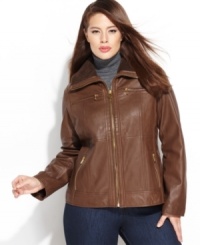 A sleek topper for fall, this leather Michael Kors plus size motorcycle jacket adds instant style to your cold-weather look! A sleek topper for fall, this leather Michael Kors plus size motorcycle jacket adds instant style to your cold-weather look!