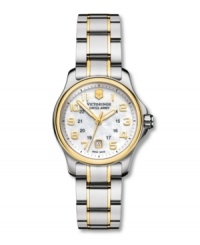 Equip yourself for life's adventures with this versatile, go-anywhere Officer's XS watch by Victorinox Swiss Army. Two-tone stainless steel bracelet and round case. Goldtone bezel with anti-reflective sapphire crystal. Mother-of-pearl dial features applied goldtone numerals at markers, date window at six o'clock, luminous hands and logo at twelve o'clock. Swiss quartz movement. Water resistant to 100 meters. Three-year limited warranty. Equip yourself for life's adventures with this versatile, go-anywhere Officer's XS watch by Victorinox Swiss Army. Two-tone stainless steel bracelet and round case. Goldtone bezel with anti-reflective sapphire crystal. Mother-of-pearl dial features applied goldtone numerals at markers, date window at six o'clock, luminous hands and logo at twelve o'clock. Swiss quartz movement. Water resistant to 100 meters. Three-year limited warranty.