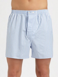 Elasticated boxer shorts, shaped in lightweight, satin-striped cotton for the classic gentleman of style.Elastic waistbandAdjustable button-flyInseam, about 4CottonMachine washImported Elasticated boxer shorts, shaped in lightweight, satin-striped cotton for the classic gentleman of style.Elastic waistbandAdjustable button-flyInseam, about 4CottonMachine washImported