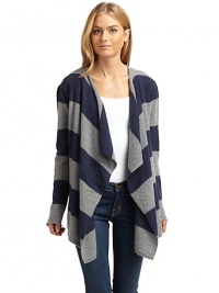 THE LOOKStriped designDraped open frontLong rolled cuff sleeves THE FITAbout 27 from shoulder to hemTHE MATERIALCashmereCARE & ORIGINDry cleanImportedModel shown is 5'10 (177cm) wearing US size Small. THE LOOKStriped designDraped open frontLong rolled cuff sleeves THE FITAbout 27 from shoulder to hemTHE MATERIALCashmereCARE & ORIGINDry cleanImportedModel shown is 5'10 (177cm) wearing US size Small.