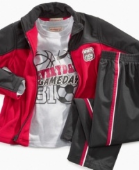 Game out a sweet look with this comfortable tee, fleece jacket and pants set from Kids Headquarters. Game out a sweet look with this comfortable tee, fleece jacket and pants set from Kids Headquarters.