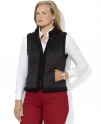 Lauren Ralph Lauren's luxurious plus size quilted satin vest reverses to a plush faux-shearling side, doubling the glamorous wardrobe-styling options for the modern woman. Lauren Ralph Lauren's luxurious plus size quilted satin vest reverses to a plush faux-shearling side, doubling the glamorous wardrobe-styling options for the modern woman.