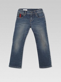 Blue-washed, straight-leg silhouette with a belted waist, signature web detail and back leather logo.Front button closureRear elasticized waistband with belt loopsZip flyFive-pocket style98% cotton/2% elastaneDry cleanMade in Italy Blue-washed, straight-leg silhouette with a belted waist, signature web detail and back leather logo.Front button closureRear elasticized waistband with belt loopsZip flyFive-pocket style98% cotton/2% elastaneDry cleanMade in Italy