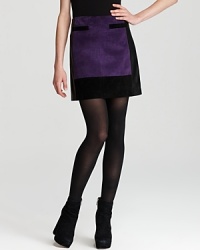 Exude 60's style with this color-blocked Nanette Lepore mini skirt in a luxe mix of leather and suede. Exude 60's style with this color-blocked Nanette Lepore mini skirt in a luxe mix of leather and suede.