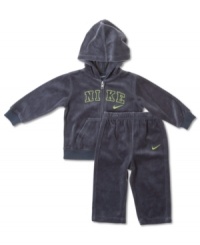 Get him geared up for an active day in this sporty hoodie and pant set from Nike.