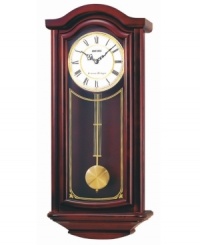 Accent your home with the rich mahogany elegance of this wall clock from Seiko. Solid mahogany case with glass window and brass pendulum. Round white dial with goldtone accents, roman numeral indices and logo. Westminster/Whittington quarter hour chime and hourly strikes. Volume control and nighttime chime silencer. One C battery included. Measures approximately 27 x 11-3/4 x 5-1/4 inches. Accent your home with the rich mahogany elegance of this wall clock from Seiko. Solid mahogany case with glass window and brass pendulum. Round white dial with goldtone accents, roman numeral indices and logo. Westminster/Whittington quarter hour chime and hourly strikes. Volume control and nighttime chime silencer. One C battery included. Measures approximately 27 x 11-3/4 x 5-1/4 inches.