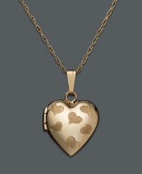 The perfect place to store precious memories. This tiny, children's heart locket necklace is crafted in 14k gold and features engraved hearts on the surface. Approximate length: 15 inches. Approximate drop: 1/2 inch. The perfect place to store precious memories. This tiny, children's heart locket necklace is crafted in 14k gold and features engraved hearts on the surface. Approximate length: 15 inches. Approximate drop: 1/2 inch.