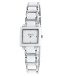 Fresh design by Kenneth Cole New York. Petite watch crafted of white ceramic and stainless steel bracelet and square case with angled bezel. White dial features silver tone pyramid-shaped markers at twelve, three, six and nine o'clock, two hands and logo. Quartz movement. Water resistant to 30 meters. Limited lifetime warranty. Fresh design by Kenneth Cole New York. Petite watch crafted of white ceramic and stainless steel bracelet and square case with angled bezel. White dial features silver tone pyramid-shaped markers at twelve, three, six and nine o'clock, two hands and logo. Quartz movement. Water resistant to 30 meters. Limited lifetime warranty.