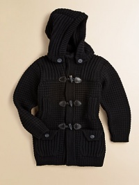 A rustic layer in a chunky waffle knit with a versatile detachable hood, preppy toggle details and a longer silhouette to keep him extra warm.Detachable button hoodRibbed stand collarLong sleeves with ribbed cuffsElbow patch detailFront toggle closureSide slash pocketsFront patch button pocketsRibbed hem80% wool/20% nylonHand washMade in Italy A rustic layer in a chunky waffle knit with a versatile detachable hood, preppy toggle details and a longer silhouette to keep him extra warm.Detachable button hoodRibbed stand collarLong sleeves with ribbed cuffsElbow patch detailFront toggle closureSide slash pocketsFront patch button pocketsRibbed hem80% wool/20% nylonHand washMade in Italy