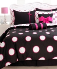 In a bold palette of pink, black and white, Sophie bedding is spot-on stylish. Bright white dots outlined in pink decorate the comforter, while the coordinating sham features a black background accented by bright pink trim and bow detail. Fashion-forward decorative pillows boasting chic, shocking pink accents complete the look with flair. In a bold palette of pink, black and white, Sophie bedding is spot-on stylish. Bright white dots outlined in pink decorate the comforter, while the coordinating sham features a black background accented by bright pink trim and bow detail. Fashion-forward decorative pillows boasting chic, shocking pink accents complete the look with flair.