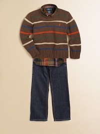 A multi-striped crewneck sweater is perfectly preppy for any season in a flat-knit blend of cotton and wool.CrewneckLong sleevesPullover styleRibbed cuffs and hem80% cotton/20% woolMachine washImported A multi-striped crewneck sweater is perfectly preppy for any season in a flat-knit blend of cotton and wool.CrewneckLong sleevesPullover styleRibbed cuffs and hem80% cotton/20% woolMachine washImported