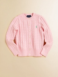Softly textured, this cabled knit in cool cotton has long sleeves and ribbing at the collar, cuffs and hem. Long sleeves Button-front closure Embroidered chest pony Cotton; machine wash Imported Softly textured, this cabled knit in cool cotton has long sleeves and ribbing at the collar, cuffs and hem. Long sleeves Button-front closure Embroidered chest pony Cotton; machine wash Imported