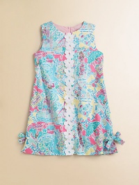 Classic cotton shift with colorful abstract florals, trimmed with lace and pretty bows. JewelneckSleevelessLace band down the center frontSide bows on the hemBack zipperCottonFully linedMachine washImported Classic cotton shift with colorful abstract florals, trimmed with lace and pretty bows. JewelneckSleevelessLace band down the center frontSide bows on the hemBack zipperCottonFully linedMachine washImported
