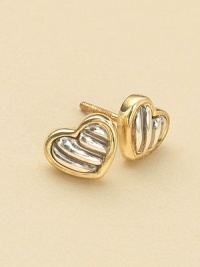 From the Cable Kids Collection. Lovely heart studs of sterling silver and 18k gold, with signature cable detailing. Sterling silver and 18k yellow gold Length, about ¼ Post back Made in USA From the Cable Kids Collection. Lovely heart studs of sterling silver and 18k gold, with signature cable detailing. Sterling silver and 18k yellow gold Length, about ¼ Post back Made in USA