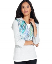 This sleek hooded top features an inset at the neckline and hem for a layered look and a colorful, feather-inspired placed print at the chest.