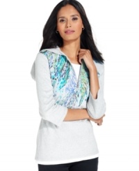 This sleek hooded top features an inset at the neckline and hem for a layered look and a colorful, feather-inspired placed print at the chest. This sleek hooded top features an inset at the neckline and hem for a layered look and a colorful, feather-inspired placed print at the chest.