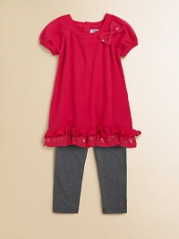 Sweet bows, sequins and ruffles adorn this adorable sweater tunic and leggings set. Tunic Ribbed roundneckShort puff sleevesBow and sequin accentsRuffled hemBack keyhole with button closure Leggings Elastic waistbandPull-on styleTunic: cotton/acrylicLeggings: cotton/spandexMachine washImported Sweet bows, sequins and ruffles adorn this adorable sweater tunic and leggings set. Tunic Ribbed roundneckShort puff sleevesBow and sequin accentsRuffled hemBack keyhole with button closure Leggings Elastic waistbandPull-on styleTunic: cotton/acrylicLeggings: cotton/spandexMachine washImported