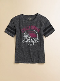 She'll be California dreamin' in this cozy cotton tee with striped sleeves and west coast-inspired print.CrewneckShort sleevesPullover styleCottonMachine washMade in USA She'll be California dreamin' in this cozy cotton tee with striped sleeves and west coast-inspired print.CrewneckShort sleevesPullover styleCottonMachine washMade in USA