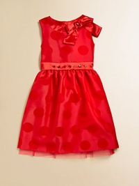 A festive and fabulous frock crafted in shiny satin jacquard with bows, jewels, polka dots and a full tulle skirt for a holiday-ready look.Round necklineSleevelessBack buttonsBack tie sash waistbandTulle hemFully lined50% nylon/50% rayonDry cleanImported Please note: Number of buttons may vary depending on size ordered. A festive and fabulous frock crafted in shiny satin jacquard with bows, jewels, polka dots and a full tulle skirt for a holiday-ready look.Round necklineSleevelessBack buttonsBack tie sash waistbandTulle hemFully lined50% nylon/50% rayonDry cleanImported Please note: Number of buttons may vary depending on size ordered.