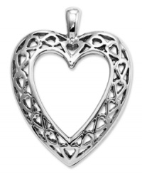 All that matters is the heart. This pretty, intricate, open-cut heart is crafted in 14k white gold. Chain not included. Approximate length: 3/4 inch. Approximate width: 2/5 inch. All that matters is the heart. This pretty, intricate, open-cut heart is crafted in 14k white gold. Chain not included. Approximate length: 3/4 inch. Approximate width: 2/5 inch.