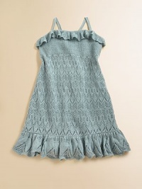 Intricately knit in a delicate pointelle pattern, this adorable linen dress boasts ruffled trim and a peplum hem for a sweet, girlie finish.Straight, ruffled necklineSpaghetti straps form a racerbackPull-on stylingRuffled hemLinenShell: 95% silk/5% elastaneDry cleanImported Intricately knit in a delicate pointelle pattern, this adorable linen dress boasts ruffled trim and a peplum hem for a sweet, girlie finish.Straight, ruffled necklineSpaghetti straps form a racerbackPull-on stylingRuffled hemLinenShell: 95% silk/5% elastaneDry cleanImported